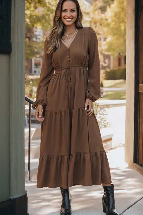 Long Sleeve Button Front Drawstring Waist Maxi Dress