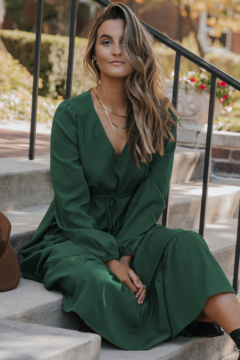 Long Sleeve Button Front Drawstring Waist Maxi Dress