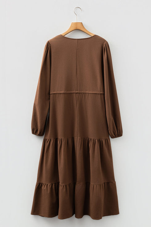 Long Sleeve Button Front Drawstring Waist Maxi Dress