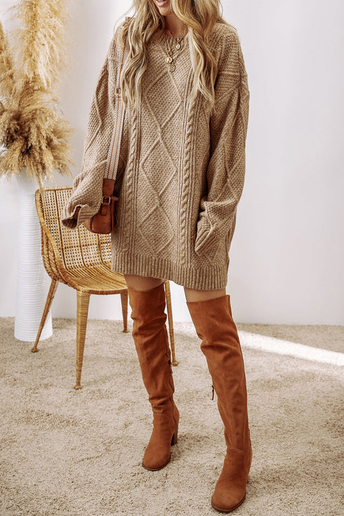 Long Sleeve Cable Knit Crew Neck Sweater Dress