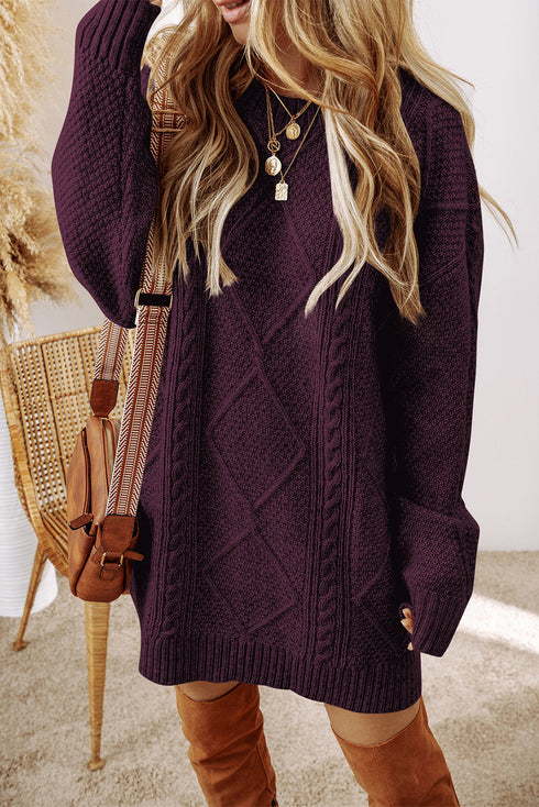 Long Sleeve Cable Knit Crew Neck Sweater Dress