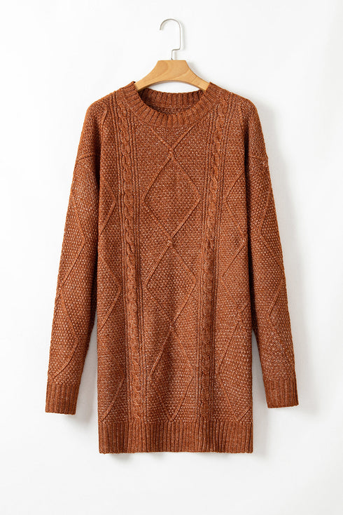 Long Sleeve Cable Knit Crew Neck Sweater Dress