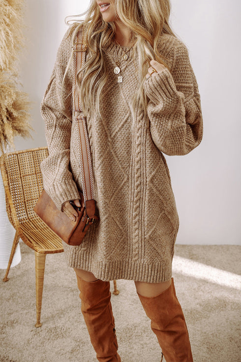 Long Sleeve Cable Knit Crew Neck Sweater Dress
