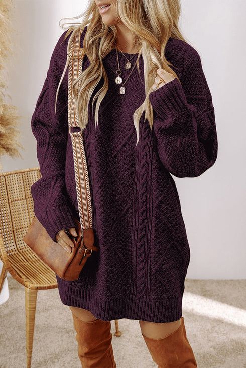 Long Sleeve Cable Knit Crew Neck Sweater Dress
