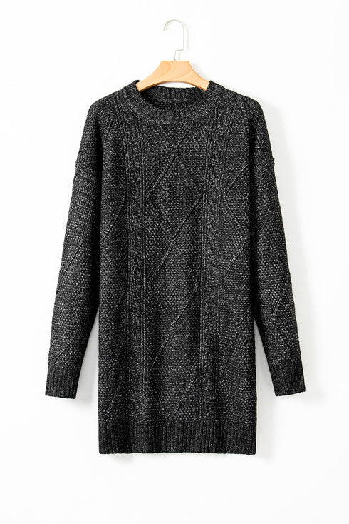 Long Sleeve Cable Knit Crew Neck Sweater Dress