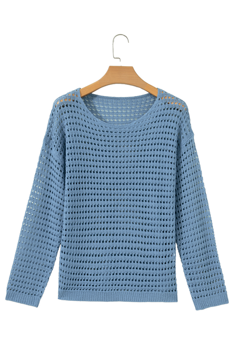 Long Sleeve Crochet Knit Round Neck Pullover Sweater