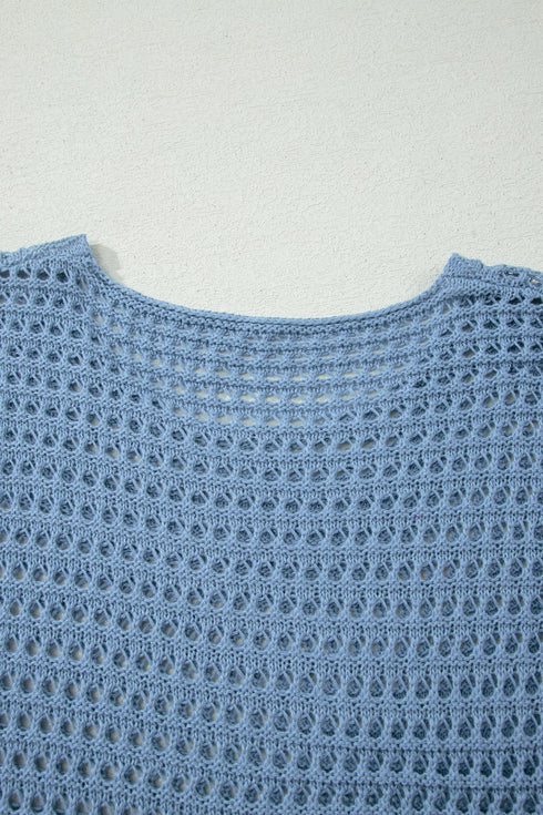 Long Sleeve Crochet Knit Round Neck Pullover Sweater