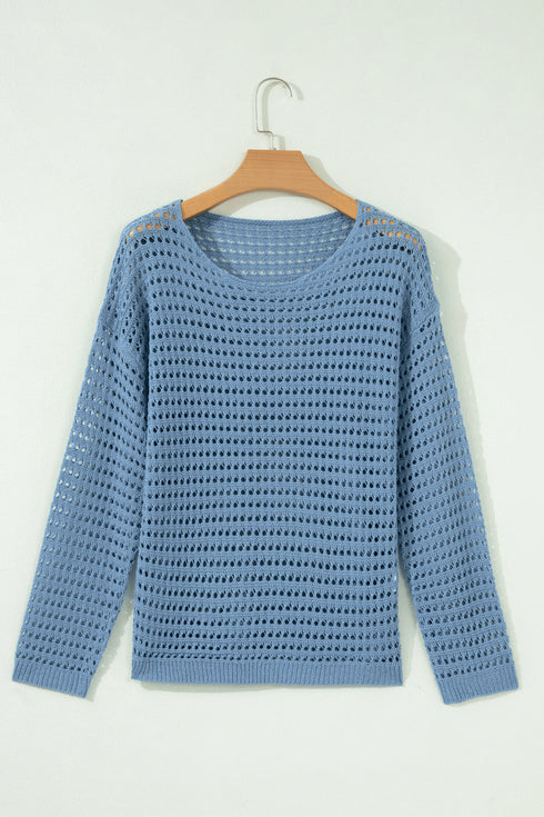 Long Sleeve Crochet Knit Round Neck Pullover Sweater