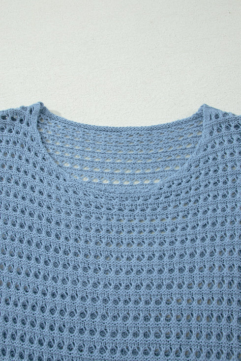 Long Sleeve Crochet Knit Round Neck Pullover Sweater