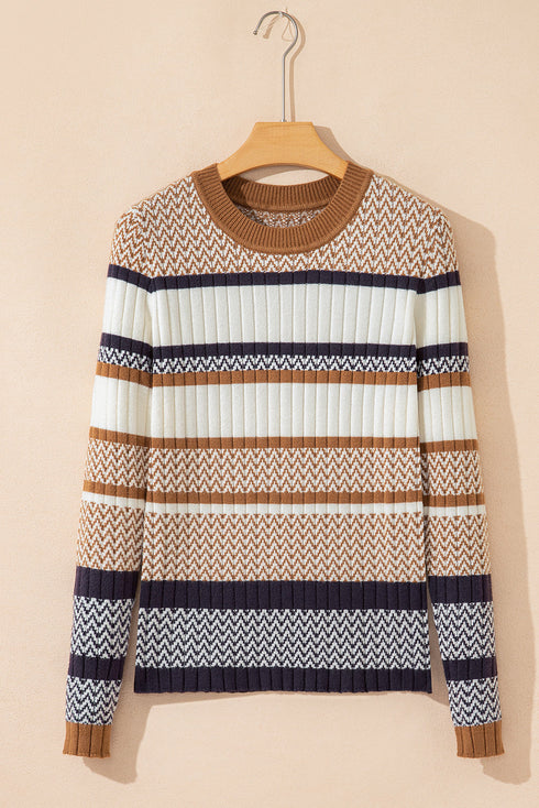 Long Sleeve Geometric Striped Ribbed Knit Fitted Sweater