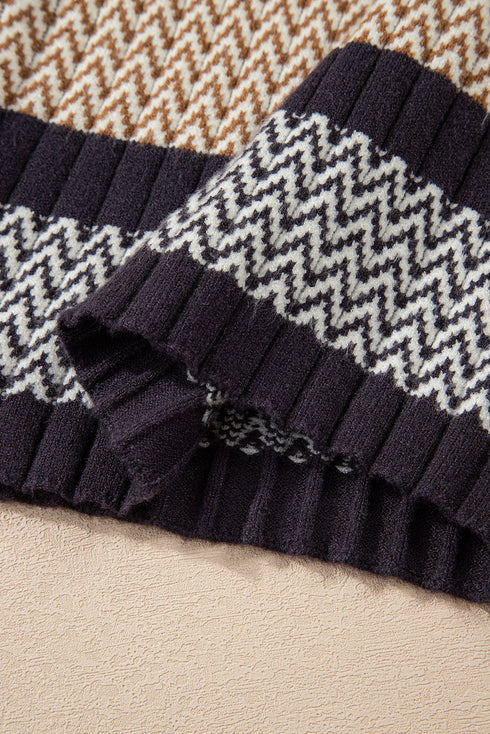 Long Sleeve Geometric Striped Ribbed Knit Fitted Sweater
