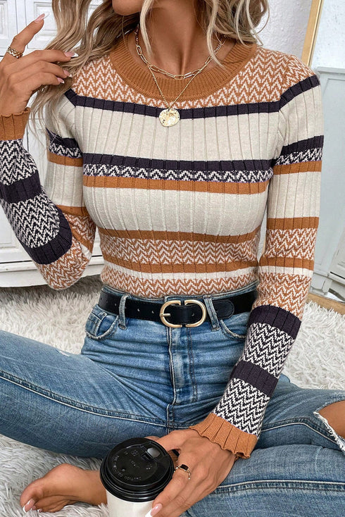 Long Sleeve Geometric Striped Ribbed Knit Fitted Sweater
