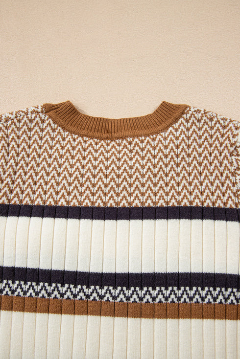 Long Sleeve Geometric Striped Ribbed Knit Fitted Sweater
