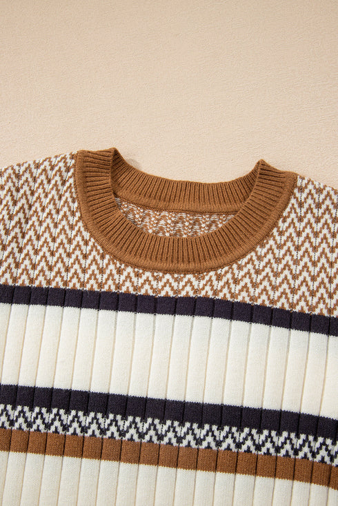 Long Sleeve Geometric Striped Ribbed Knit Fitted Sweater