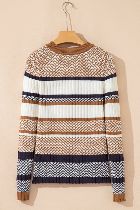 Long Sleeve Geometric Striped Ribbed Knit Fitted Sweater