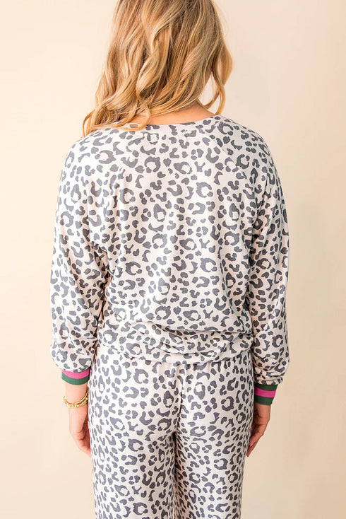 Long Sleeve Leopard Print Striped Patchwork V Neck Pant Set