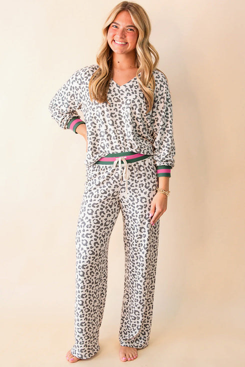Long Sleeve Leopard Print Striped Patchwork V Neck Pant Set