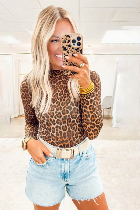 Long Sleeve Mock Neck Sheer Mesh Animal Print Top