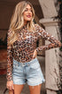 Long Sleeve Mock Neck Sheer Mesh Animal Print Top