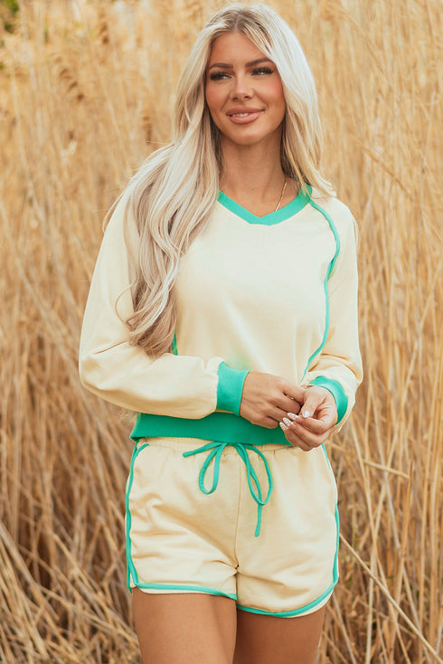 Long Sleeve Pullover Drawstring Paneled Lounge Short Sets