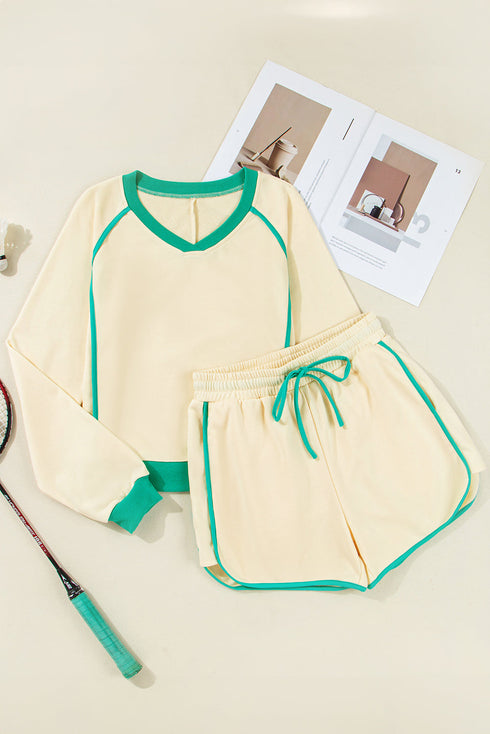 Long Sleeve Pullover Drawstring Paneled Lounge Short Sets