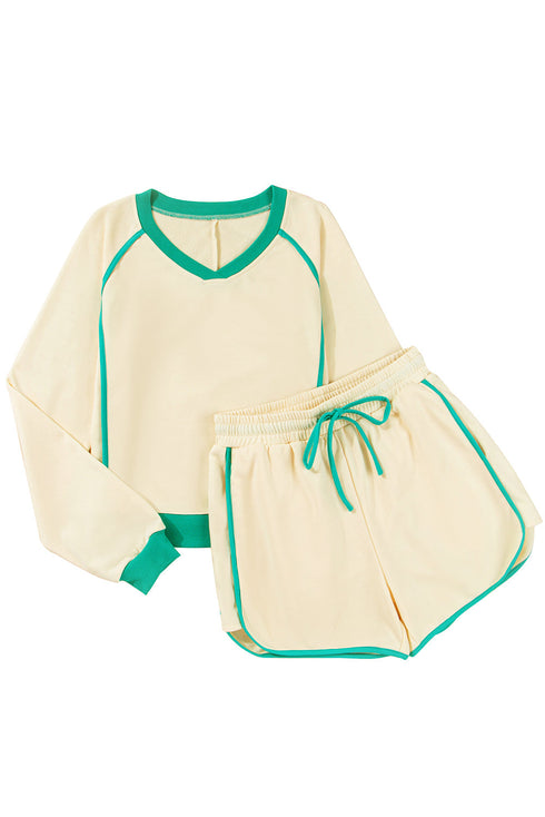 Long Sleeve Pullover Drawstring Paneled Lounge Short Sets