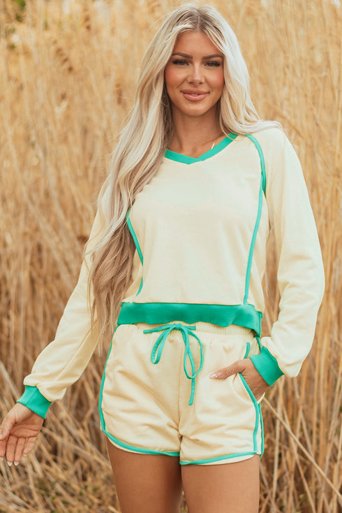 Long Sleeve Pullover Drawstring Paneled Lounge Short Sets