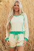 Long Sleeve Pullover Drawstring Paneled Lounge Short Sets