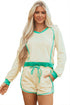 Long Sleeve Pullover Drawstring Paneled Lounge Short Sets