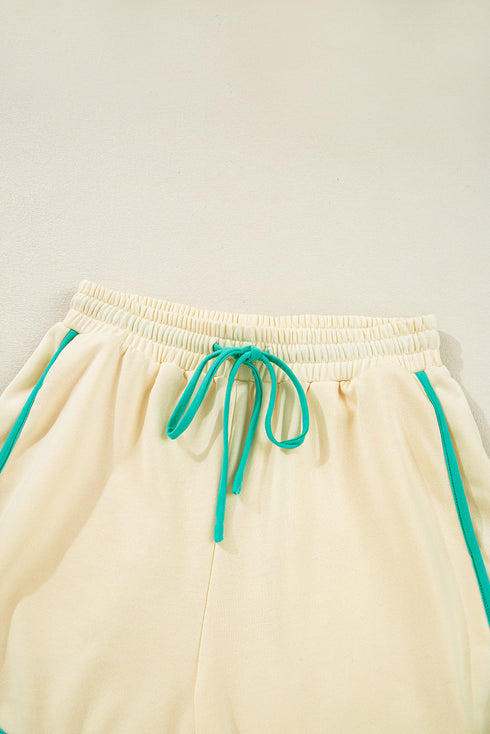 Long Sleeve Pullover Drawstring Paneled Lounge Short Sets