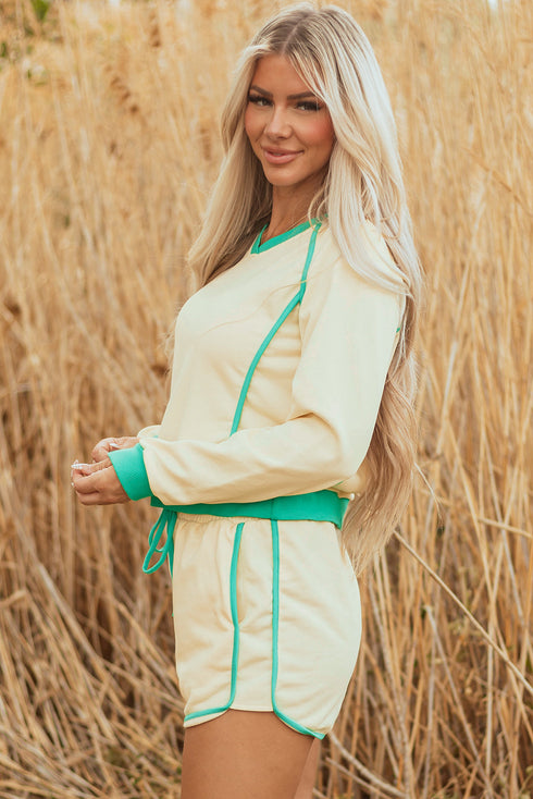 Long Sleeve Pullover Drawstring Paneled Lounge Short Sets