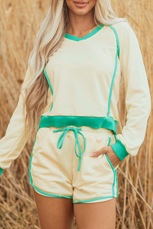 Long Sleeve Pullover Drawstring Paneled Lounge Short Sets