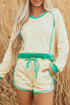 Long Sleeve Pullover Drawstring Paneled Lounge Short Sets