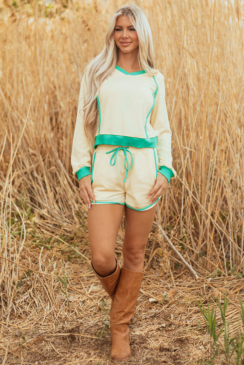 Long Sleeve Pullover Drawstring Paneled Lounge Short Sets