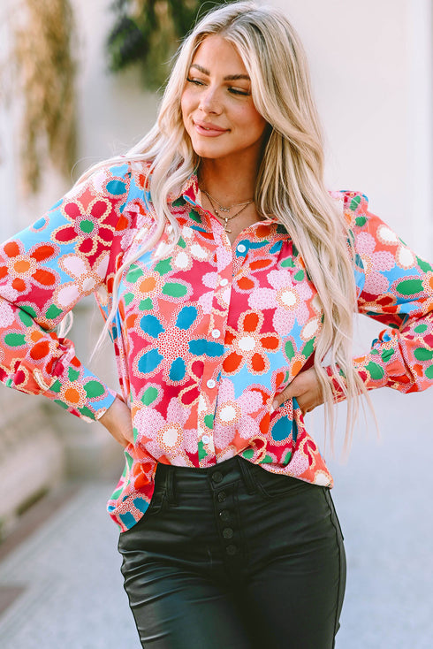 Long Sleeve Retro Floral Print Button Down Shirt