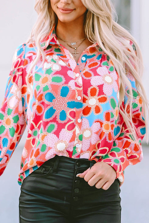 Long Sleeve Retro Floral Print Button Down Shirt