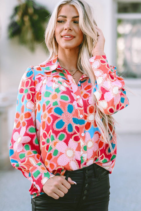 Long Sleeve Retro Floral Print Button Down Shirt