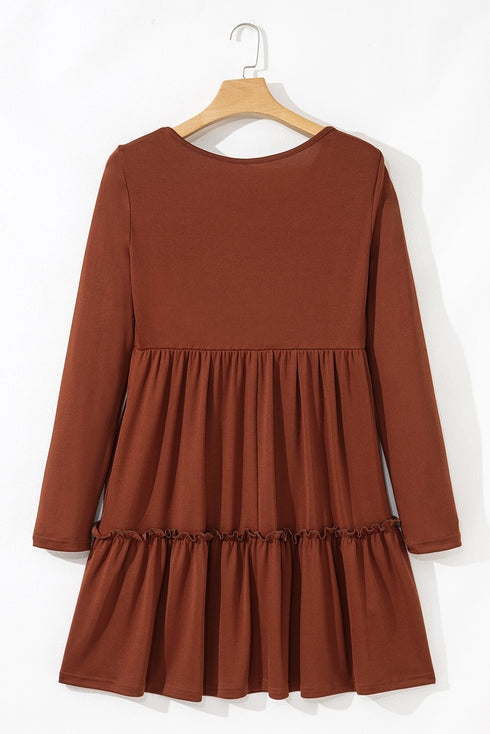 Long Sleeve Ribbed Knit Babydoll Tiered Mini Dress