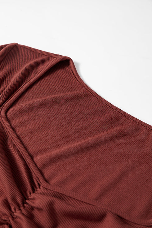 Long Sleeve Ribbed Knit Sweetheart Ruched Top