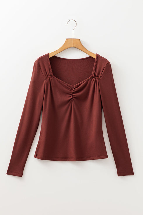 Long Sleeve Ribbed Knit Sweetheart Ruched Top