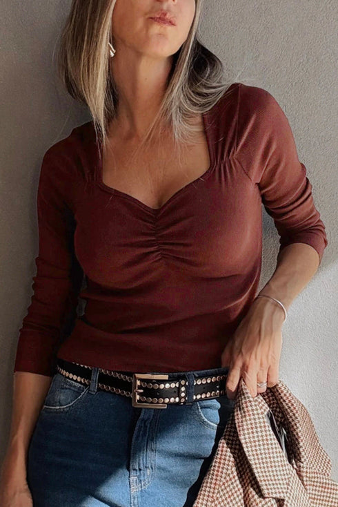 Long Sleeve Ribbed Knit Sweetheart Ruched Top