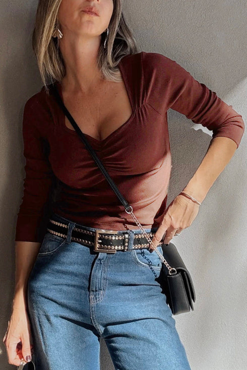 Long Sleeve Ribbed Knit Sweetheart Ruched Top