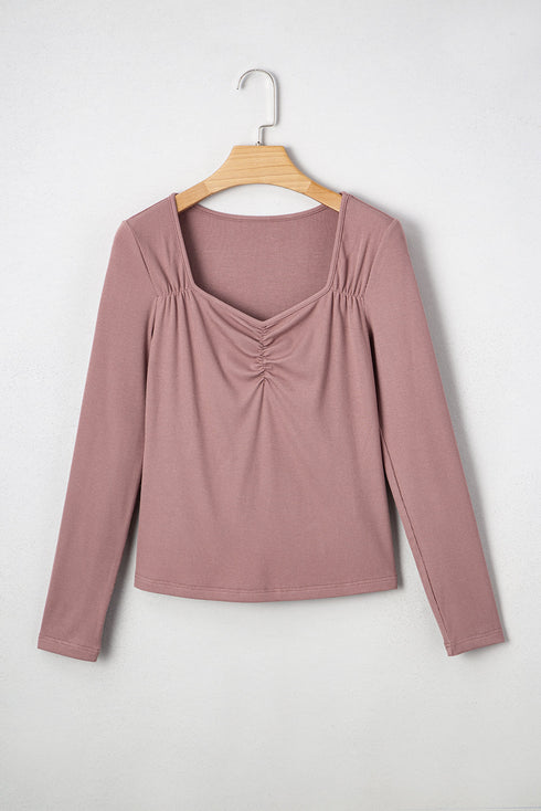 Long Sleeve Ribbed Knit Sweetheart Ruched Top