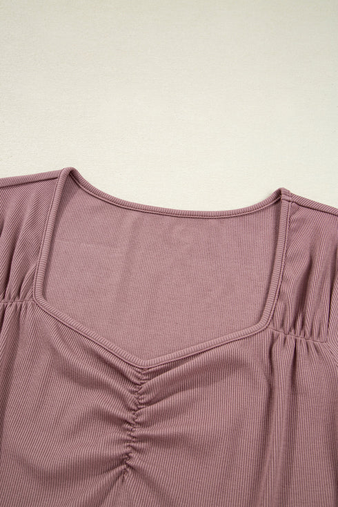Long Sleeve Ribbed Knit Sweetheart Ruched Top