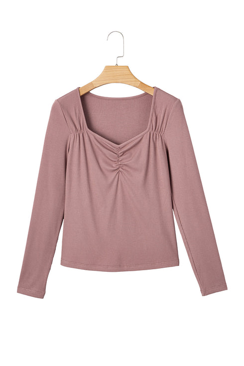 Long Sleeve Ribbed Knit Sweetheart Ruched Top
