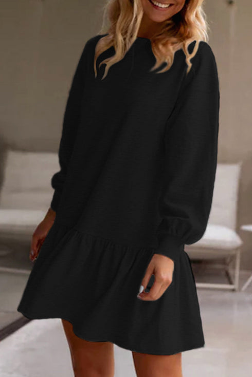 Long Sleeve Round Neck Ruffle Hem Mini Dress