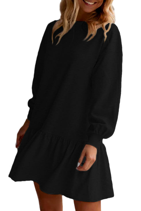 Long Sleeve Round Neck Ruffle Hem Mini Dress