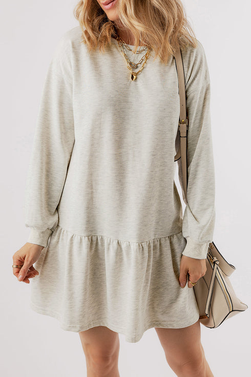 Long Sleeve Round Neck Ruffle Hem Mini Dress