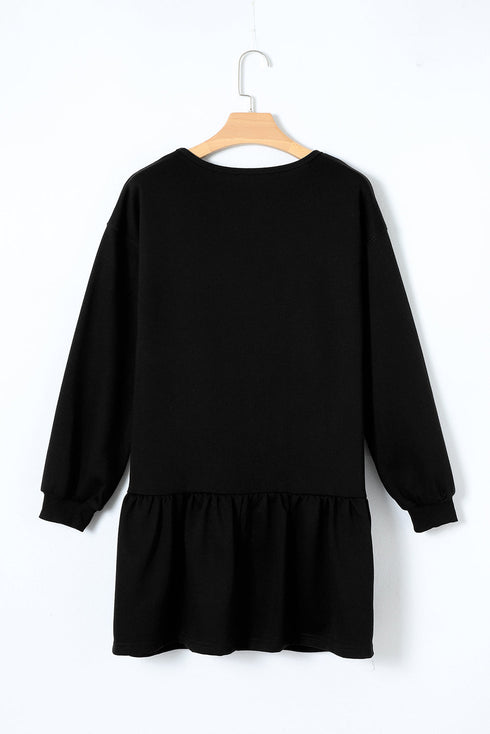 Long Sleeve Round Neck Ruffle Hem Mini Dress