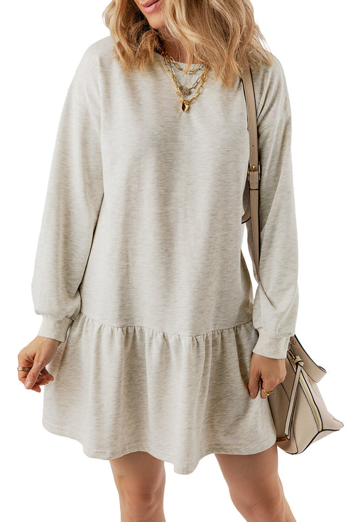 Long Sleeve Round Neck Ruffle Hem Mini Dress